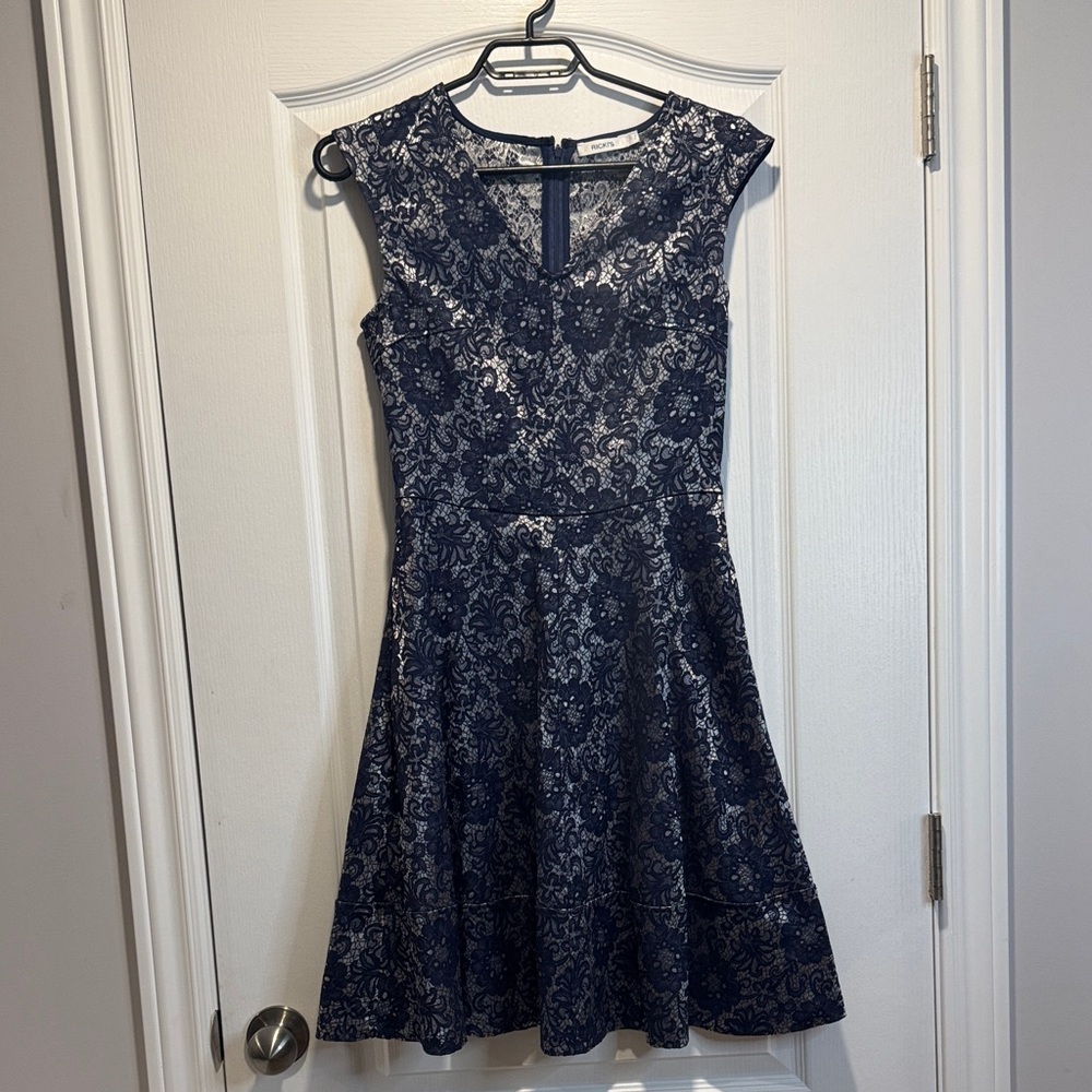 322-Rickis  Blue Silver Floral Jacquard Dress